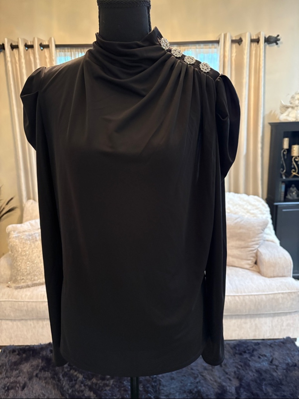 INC International Concepts Black Draped Shoulder Blouse with Embellishment